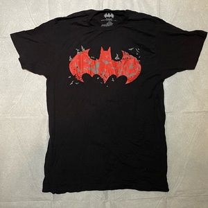 Batman Black T-Shirt with Red Logo and Bat Swarm Graphic Large